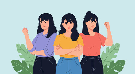 Fototapeta premium Three diverse young women standing together in a display of solidarity.