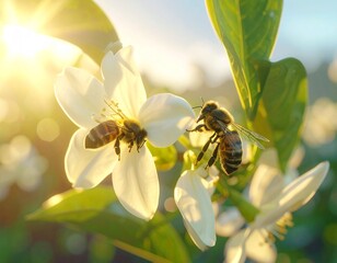 Naklejka premium Bees collecting pollen from delicate white vanilla blossoms