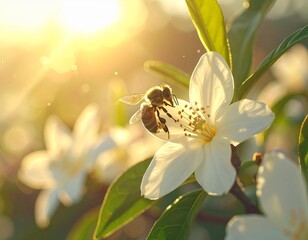 Honeybee collects pollen from vanilla flower in golden sunlight