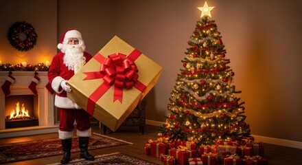 Santa Claus with a large gift near Christmas tree and fireplace