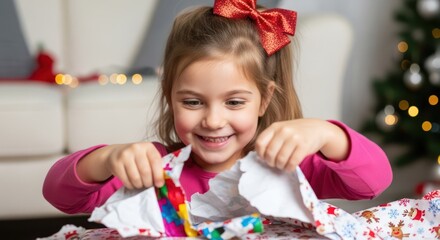 Smiling little girl opens a gift at Christmas time in her living room