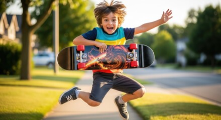 Boy Jumping with Skateboard on Sunny Day