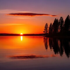 Vibrant Golden Sunset Over Tranquil Lake with Silhouetted Pine Trees Reflected in Calm Waters and a Colorful Dusk Sky