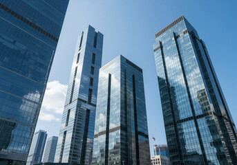 Fototapeta premium Modern Skyscrapers and Blue Sky Architectural Photography of City Buildings, Urban Structures, Business and Real Estate