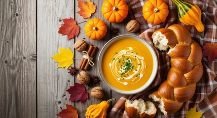 Fototapeta premium Warm Autumnal Pumpkin Soup with Crusty Bread, perfect for Thanksgiving or fall celebrations, surrounded by gourds, walnuts, and fall leaves on a rustic wooden table.