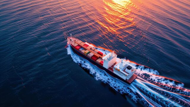 Container ship cargo vessel ocean sunset high altitude drone shipping transportation logistics water reflection aerial view creates dynamic