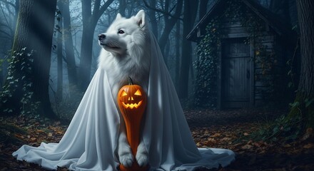 Halloween ghost dog with a carved pumpkin in a spooky forest. Perfect for holiday promotions, pet events, seasonal cards, or themed social media posts. 
