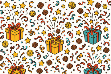 Colorful Birthday Celebration Pattern with Gift Boxes Confetti and Stars
