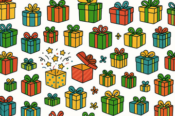 Colorful Gift Boxes and Hearts Pattern with Ribbons on White Background for Celebrations