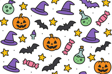 Halloween Pattern with Jack O Lantern Bats Witches Hats Stars and Candy on Transparent Background