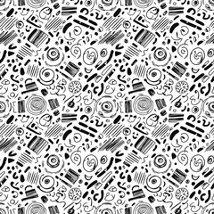 Monochrome abstract chaotic pattern with hand drawn elements for backgrounds and designs