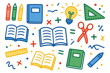 Colorful Education Supplies Illustration with Books Ruler Pen Scissors Light Bulb and Geometric Shapes