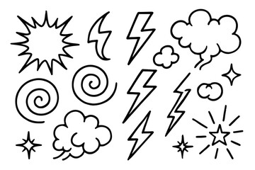 Collection of Hand-Drawn Lightning Clouds and Explosion Icons in Black and White