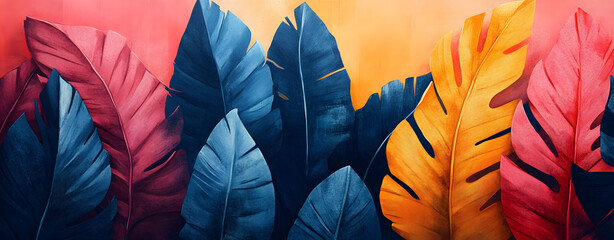 Vibrant pop art illustration of colorful tropical leaves with a painterly watercolor texture on a warm background