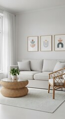 Fototapeta premium A light and airy living room scene, featuring a neutral color palette, modern abstract art, and a wicker coffee table.