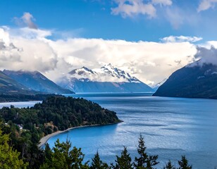 Panoramic lake vista with mountains and clouds