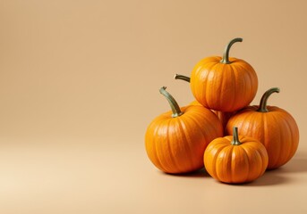 Obraz premium Pile of bright orange pumpkins on beige background with copy space, autumn harvest seasonal still life