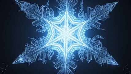Close up glowing snowflake crystal with detailed frozen structure on dark background
