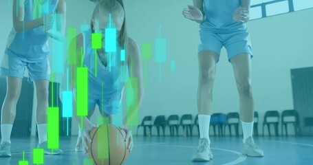 Center player starting dribbling basketball on court, teammates clapping as analytics bars floating - Powered by Adobe
