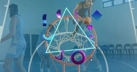Female basketball team clearing court with rotating triangle shapes before male player dunking - Powered by Adobe