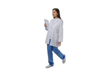 Doctor in white coat with clipboard, isolated on white, PNG