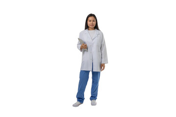 Fototapeta premium Health worker in coat and scrubs, clipboard, isolated on white, PNG