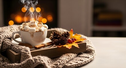 Cozy hot chocolate with marshmallows and autumn decorations on a knitted blanket by a fireplace