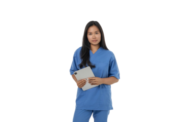Doctor dressed in blue scrubs holding a tablet, isolated on white, PNG