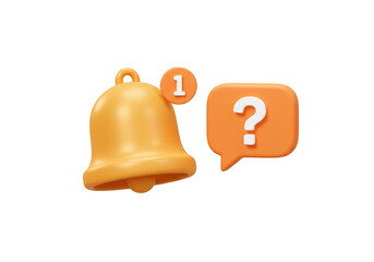 Notification bell with number 1 badge and question mark bubble isolated on transparent background
