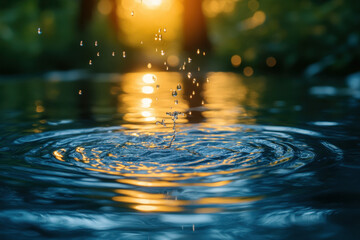 Water drops into pool at sunset.