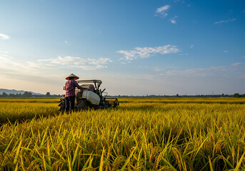 Un granjero que cosecha arroz con tractores.