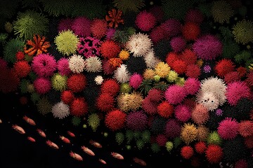 Colorful, textured clusters of objects, resembling flora or microorganisms, densely packed on a dark background, with a band of slender objects beneath