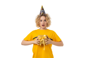 Excited girl with curly hair holds gift, isolated on white, PNG