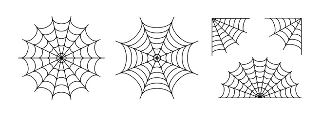 Black line spider web set. Simplified cobweb corner collection. Halloween frame and borders elements for banner, poster, decoration. Linear spooky tangled net bundle. Vector Haloween pack © vika_k