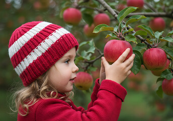 Peque&ntilde;a ni&ntilde;a linda recogiendo manzanas rojas en el huerto.