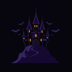 Mysterious Dark Purple Spooky Castle with Pointed Spires and Glowing Windows.