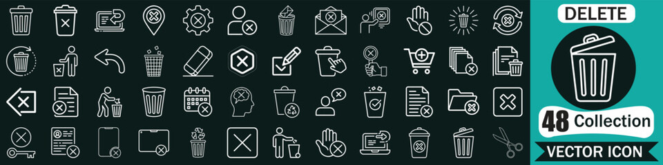 Delete icon set. including trash, undo, throw, remove, delete button, and more.  Vector illustration