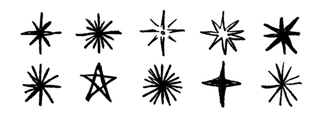 Black crayon hand drawn stars and sparkles set. Grunge rough brush stroke shine element pack for collage, poster, sticker, label. Childish doodle sparks collection. Sketched pencil asterisks. Vector