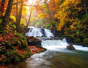 Autumn waterfall cascading through colorful forest (1)