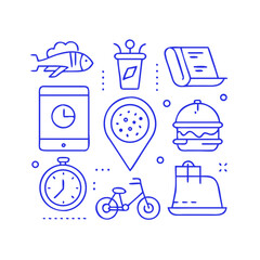 &ldquo;Minimal outline icons &mdash; delivery scooter, courier, food bag, pizza box, burger, mobile order app, location pin, stopwatch &mdash; thin stroke vector.&rdquo;