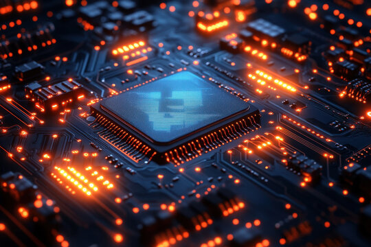 Computer chip with blue light.