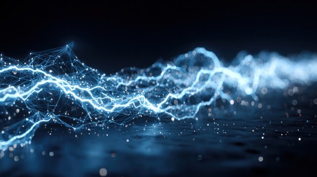Abstract depiction of energy resembling lightning with interconnected nodes. Digital rendering with glossy surfaces against a dark background
