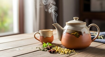 A steaming teapot and teacup on a rustic wooden table, surrounded by herbs, creating a cozy and inviting atmosphere.