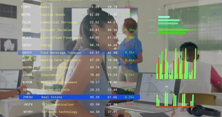 Teacher gesturing toward bell-curve, overlaying financial sector metrics above student studying - Powered by Adobe