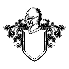 Detailed Black and White Knights Helmet and Shield Emblem with Flourishes