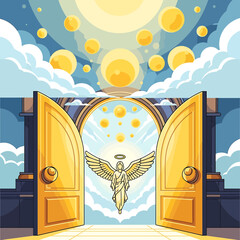Golden Gates of Heaven with Angelic Figure and Celestial Spheres