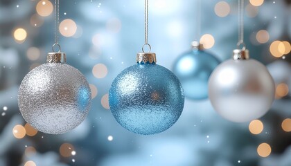 Festive Ornaments: Sparkling ornaments of varying hues dance gracefully, suspended against a soft-focused bokeh background. Evoking a feeling of holiday enchantment.