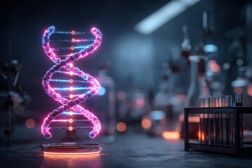 Futuristic laboratory with neon holographic human genome display