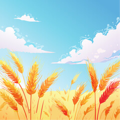 Golden wheat field swaying gently under a bright blue sky with fluffy clouds, perfect for agricultural, food, or nature projects, evoking warmth