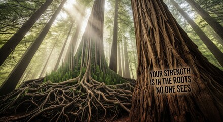 Inspirational quote about inner strength with a giant redwood tree and its powerful roots in a sunlit forest.